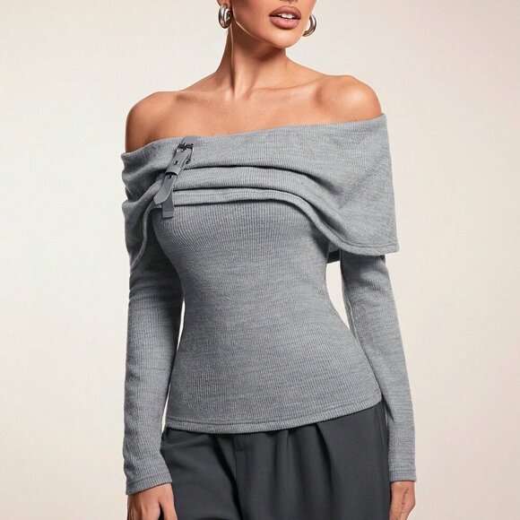 Grey Casual Women's Off-Shoulder Leather buckle Detailed shirt - Picture 5 of 7